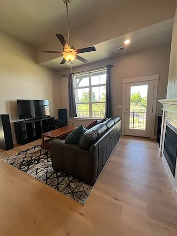 Leather sofa, high-quality speaker system, and a fireplace