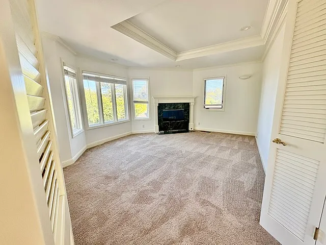 Primary bedroom fireplace and front windows