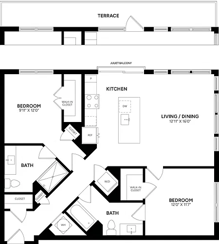 Floor plan 2 Bed/ 2 Bath-C14b