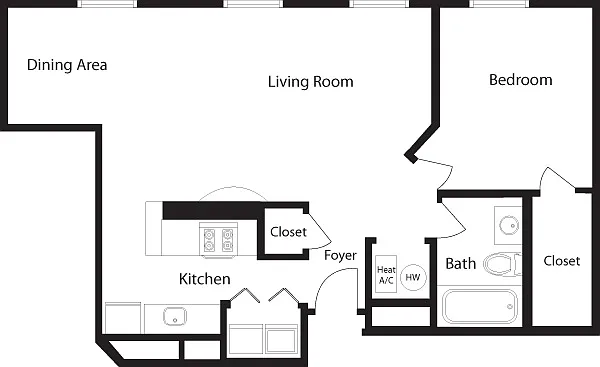 Floor plan C-F One Bedroom, One Bathroom