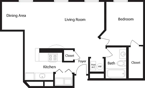 Floor plan C-F One Bedroom, One Bathroom