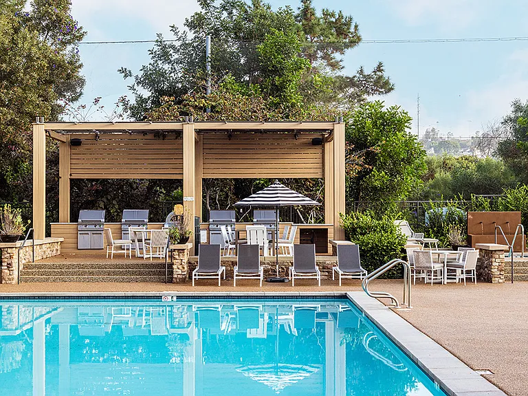 Griffis Mission Valley pool and outdoor grilling stations.