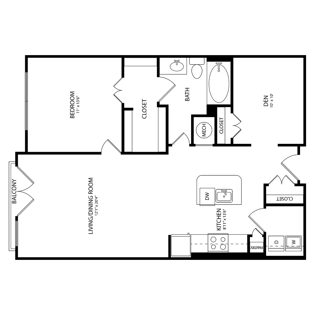 Floor plan 1 Bedroom+ Den, 1 Bath 988 SF B5.1