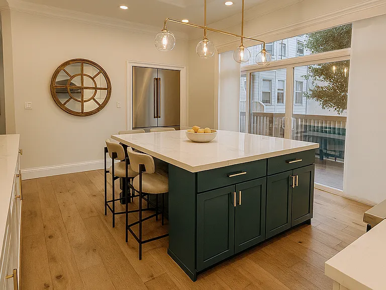 Remodeled kitchen with Rejuvenation pendant lighting, large island with space for 6 stools, Viking oven, 60" double door refrigerator freezer, wine fridge and modern amenities.