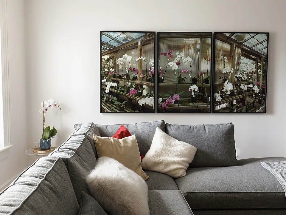 Living room - large triptypch photographs of greenhouse orchids above sectional sofa.