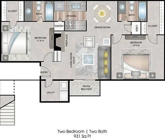 Two Bedrooms, Two Bathrooms, 931 sqft, Patio/Balcony, Laundry Room with Full-Size Washer/Dryer Connections, Fireplace, Two Walk-in Closets Two Bedrooms, Two Bathrooms, 931 sqft, Patio/Balcony, Laundry Room with Full-Size Washer/Dryer Connections, Fireplac