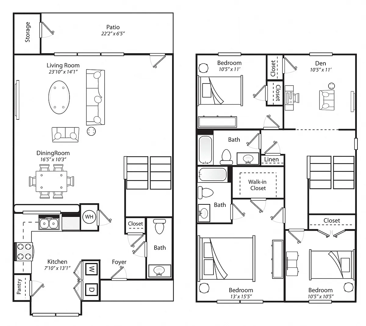 Floor plan Three Bedroom with Den Two and a Half Bathroom