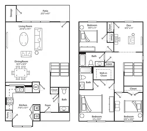 Floor plan Three Bedroom with Den Two and a Half Bathroom