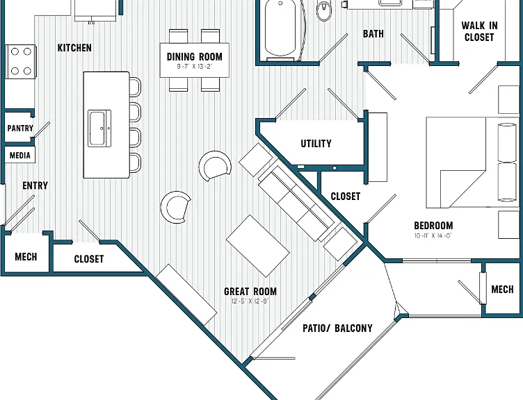 B Floorplan- 1 Bedroom/1 Bathroom B Floorplan- 1 Bedroom/1 Bathroom