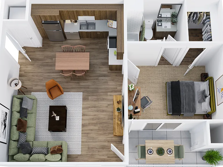 3D floor plan rendering - 2A-1 - One-Bedroom, One-Bathroom 3D floor plan rendering - 2A-1 - One-Bedroom, One-Bathroom