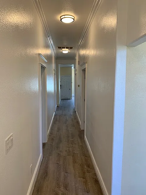 Main Hallway From Entry POV. New LVP wood-style flooring installed throughout the home & Vaulted 12-foot ceilings throughout.