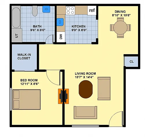 Floor plan One Bedroom (Downstairs Bldg. 1 & 2)