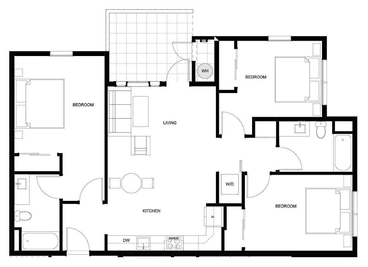 Floor plan 3 Bed, 2 Bath Large