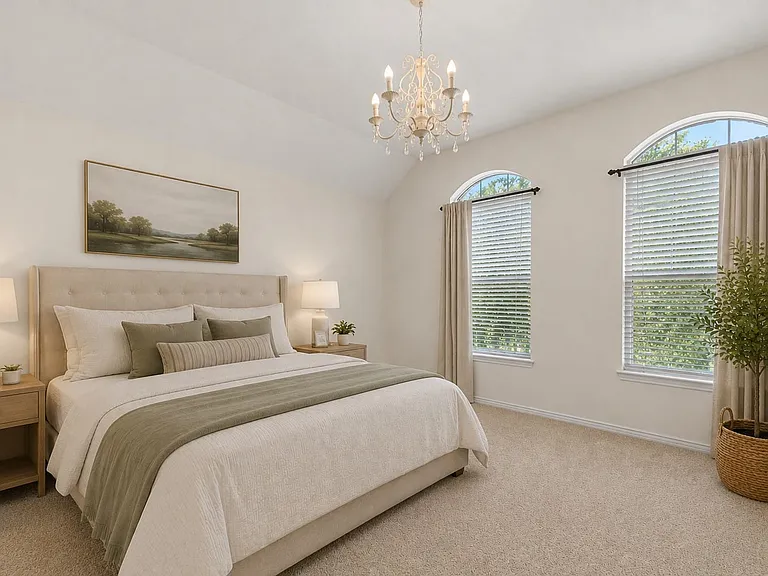 Spacious room featuring vaulted ceilings, a decorative chandelier, two arched windows with blinds and drapes, and neutral-toned carpeting