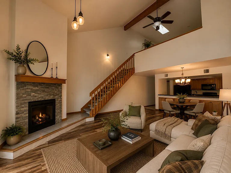 Virtually staged loft view showcasing the vaulted main living area, fireplace, private deck, and warm, inviting flow of this rare top-floor Genesee Village condo.