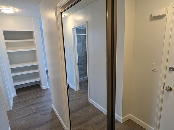 Entrance with closet storage mirrored doors, built in shelves.