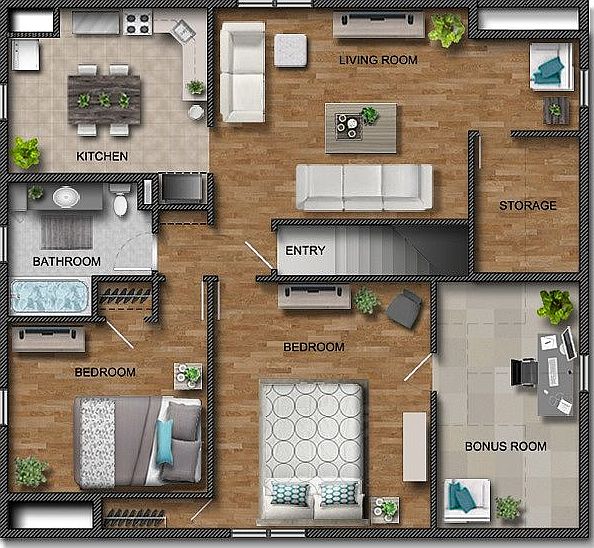 RENDERED FLOOR PLAN (UNIT IS SHOWN FURNISHED FOR SCALE)