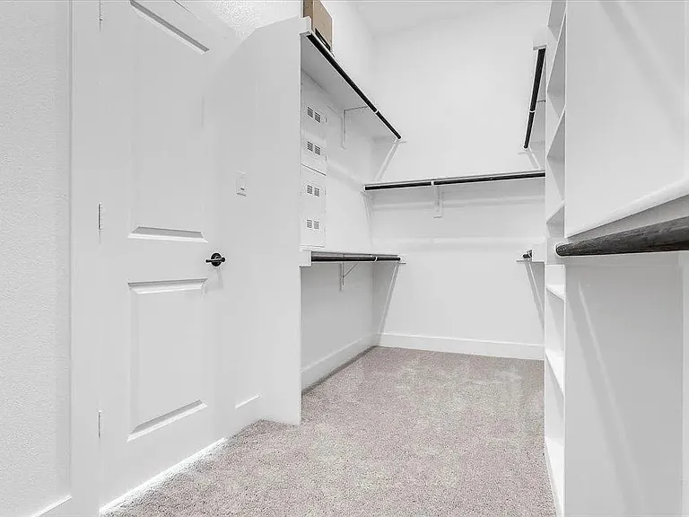 Walk-in closet featuring light-toned carpeting, white walls, and a variety of shelving and hanging storage solutions