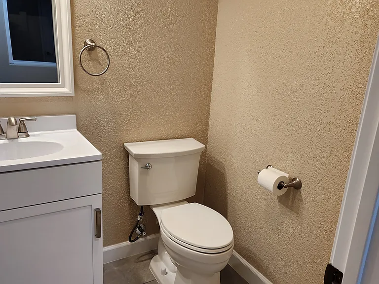 Downstairs toilet, sink/cabinet.
