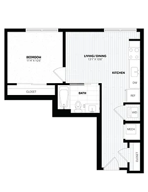 Floor plan 1 Bed/1 Bath JR-B7 East