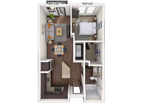 Floor plan Traditional 1x1 586-593 SF
