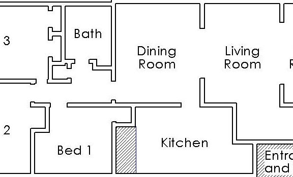 Floor plan. Bed 1 and Bed 2 have 1 closet each. Bed 3 has 2 closets. Back hall has a linen closet. Front entrance has a large closet.