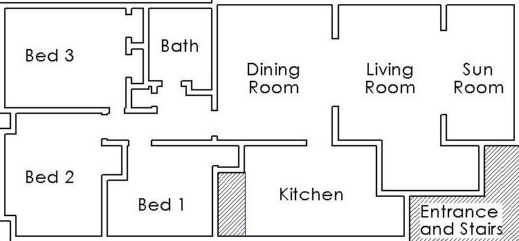 Floor plan. Bed 1 and Bed 2 have 1 closet each. Bed 3 has 2 closets. Back hall has a linen closet. Front entrance has a large closet.