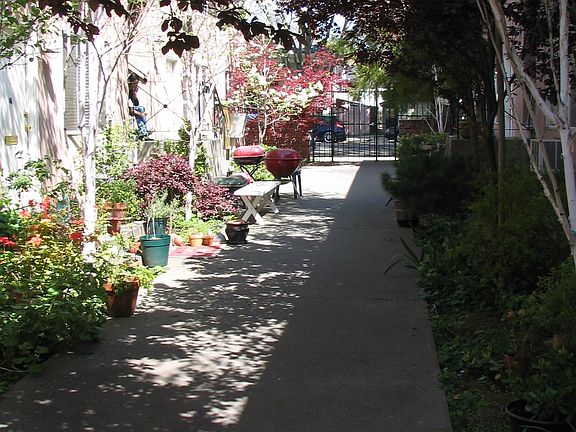 Patio with space for tenants' tables, chairs, barbecues, and potted plants.
