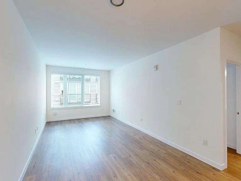 Apartment living room with wood style floor.