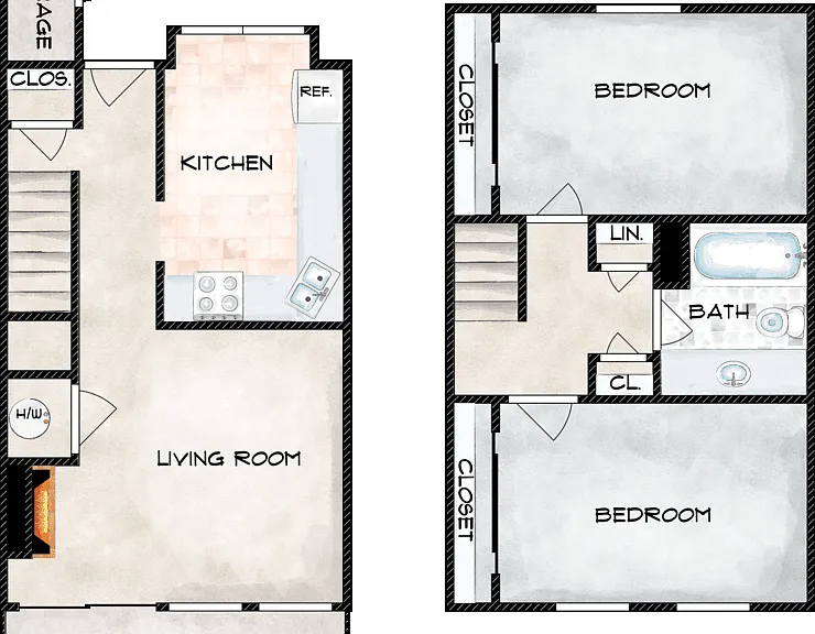 2 Bed 1 Bath Townhouse Floorplan Diagram