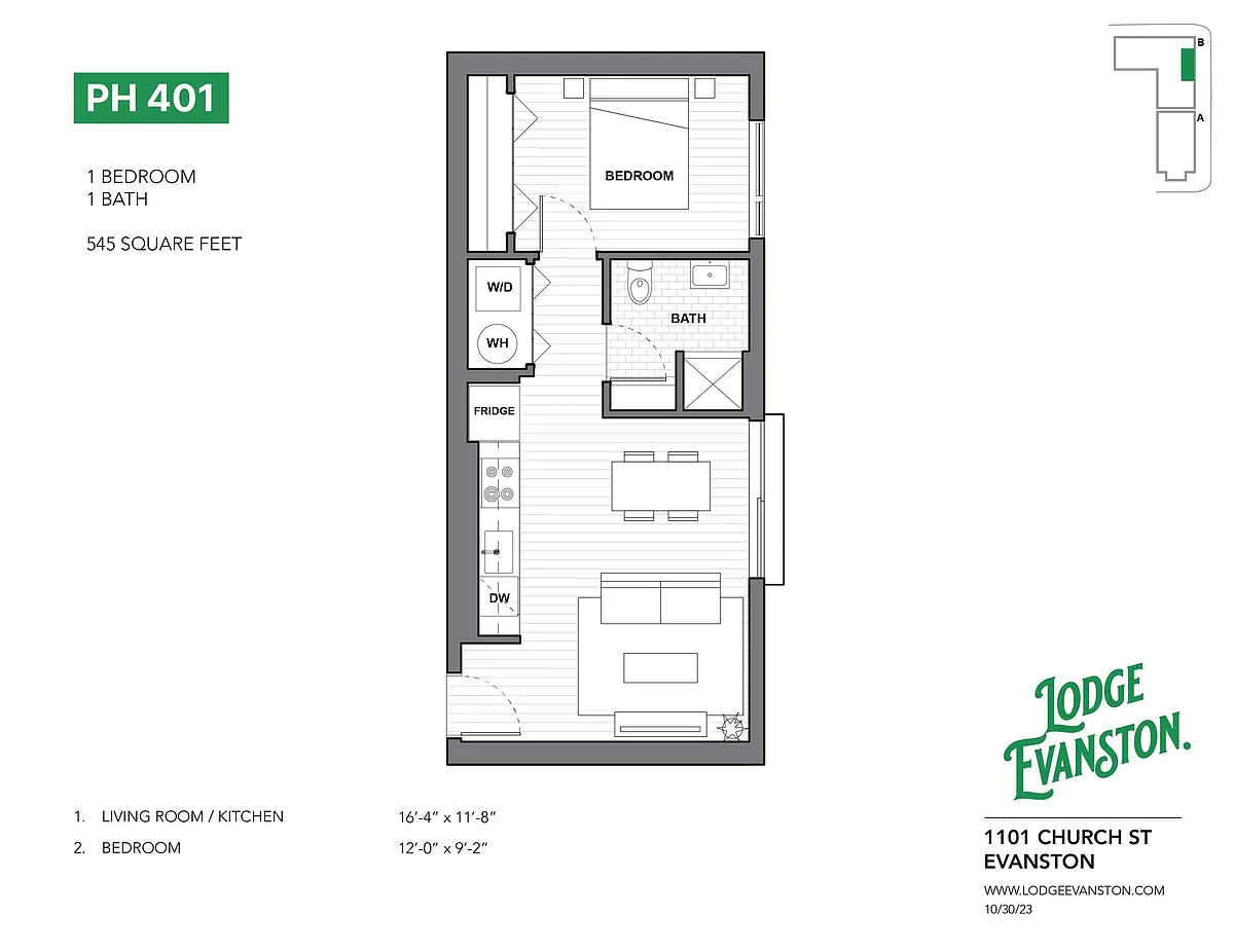 Floor plan one bedroom -- penthouse layout
