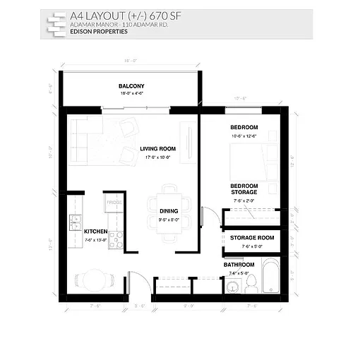 Floor plan 1 Bedroom 1 Bath Modern (1Bed1BathM-A4) 1 Bed 1 Ba