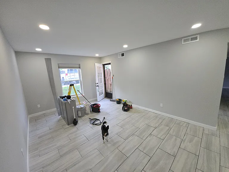 Looking into living room area at patio door