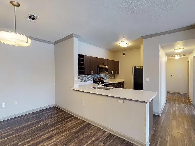 Gourmet Apartment kitchen with stainless steel appliances, quartz countertops and wood-style flooring. with stainless steel appliances