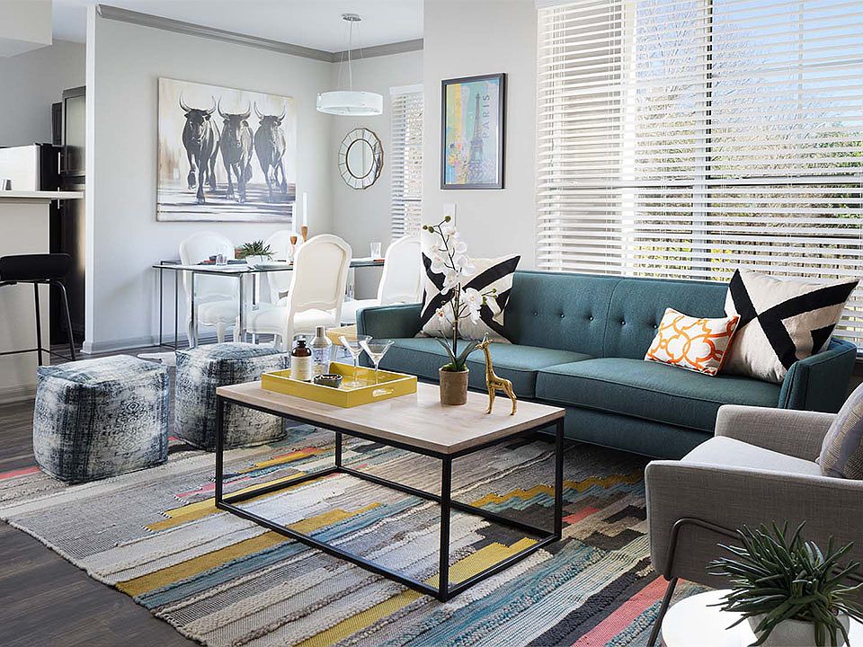 Apartment Dining and Living Room with wood floors.
