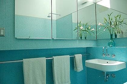 Three generous medicine cabinets are hidden behind the mirro