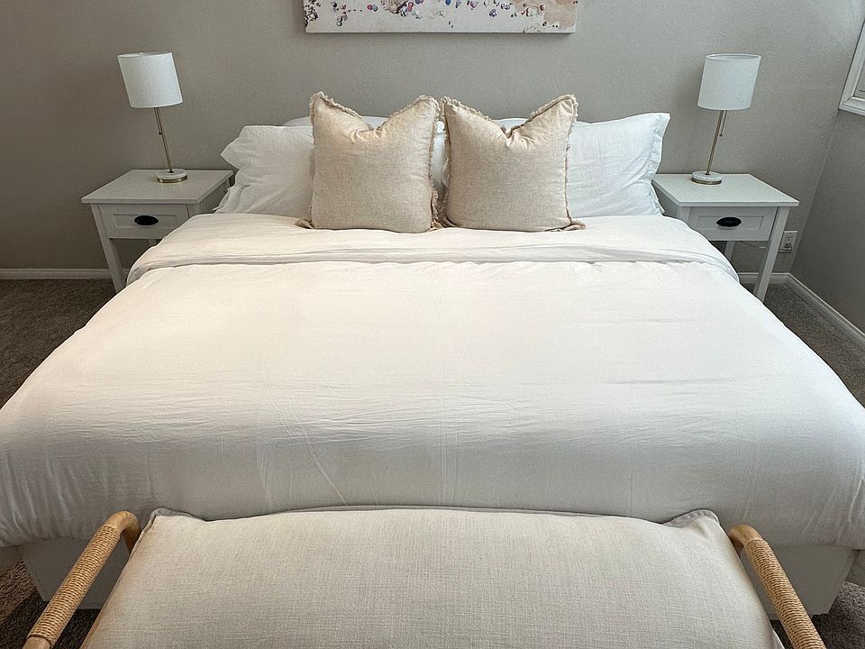 Nectar Eastern King bed with California Design Den bedding