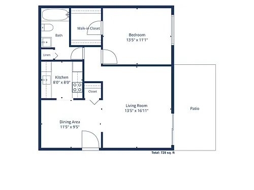 Floor plan 1 Bedroom, 1 Bath Ground Level w Patio (728 sqft.)