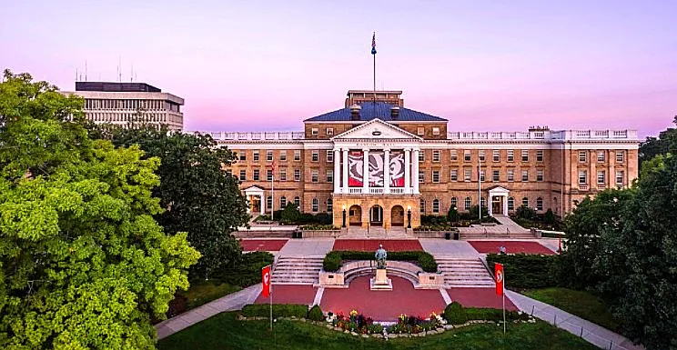 An image of the iconic Bascom Hall (which houses UW-Madison administrative offices). From it, you get a straight view of the Capitol at the other end of State Street.