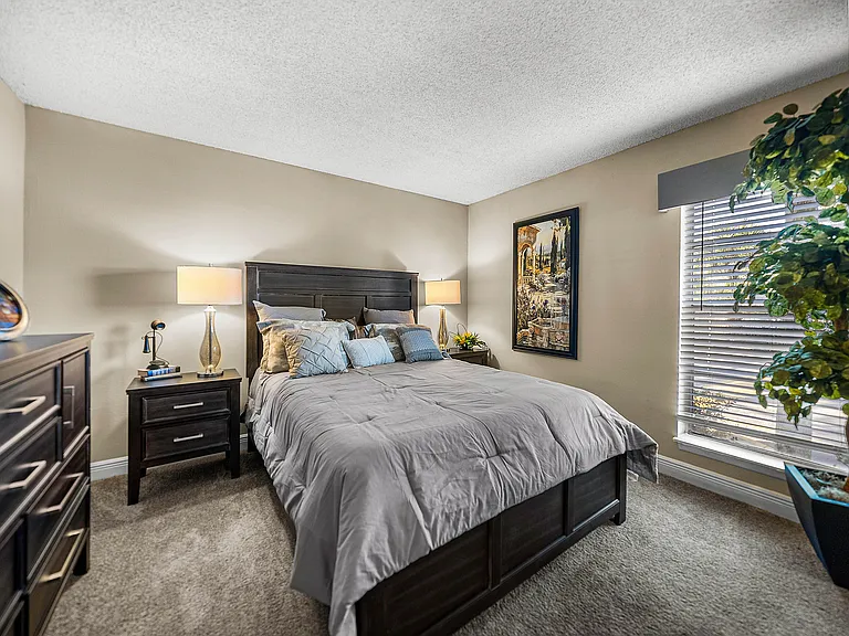 Comfortable bedroom with natural light and plush carpeting.