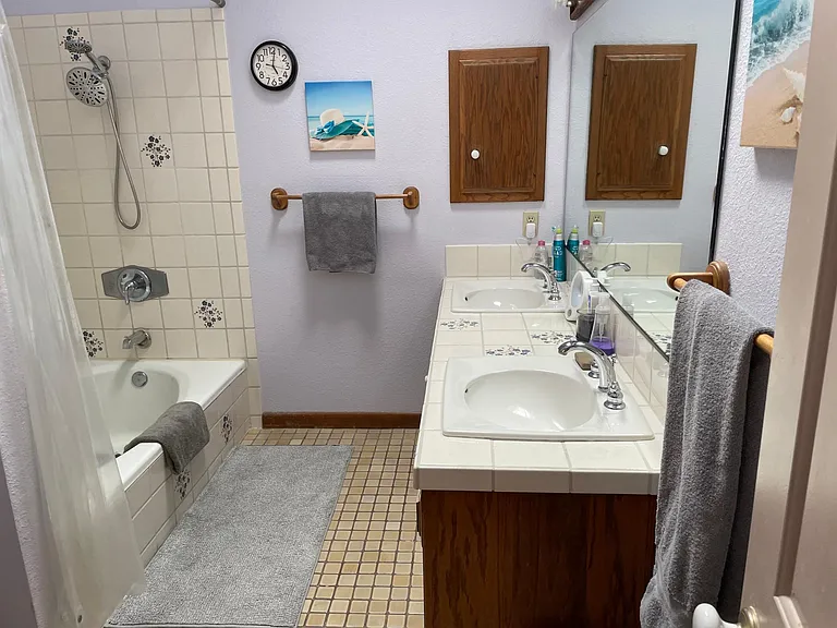 Master bathroom with great soaker tub, two sink vanity, cathedral ceiling and skylight.