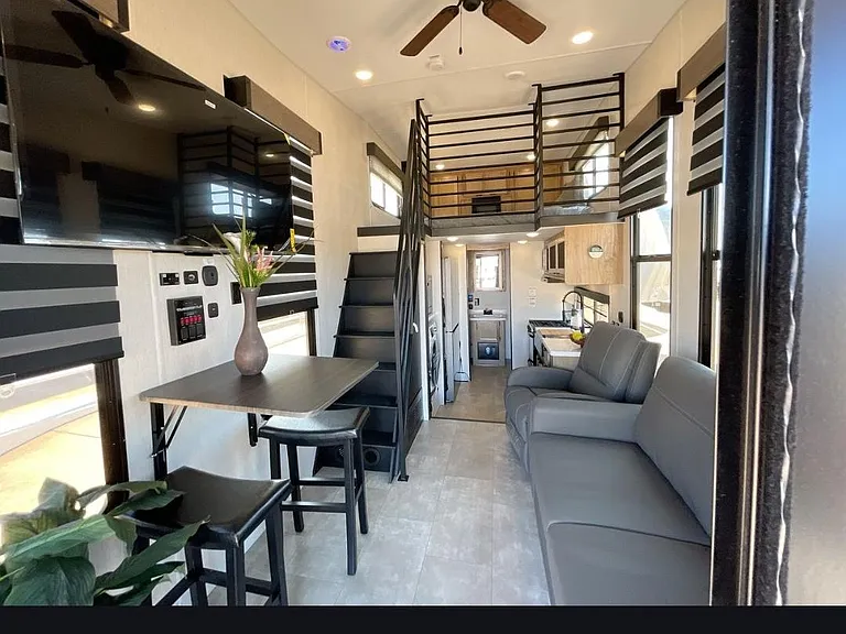 View from front door, upstairs bedroom loft with electric fireplace