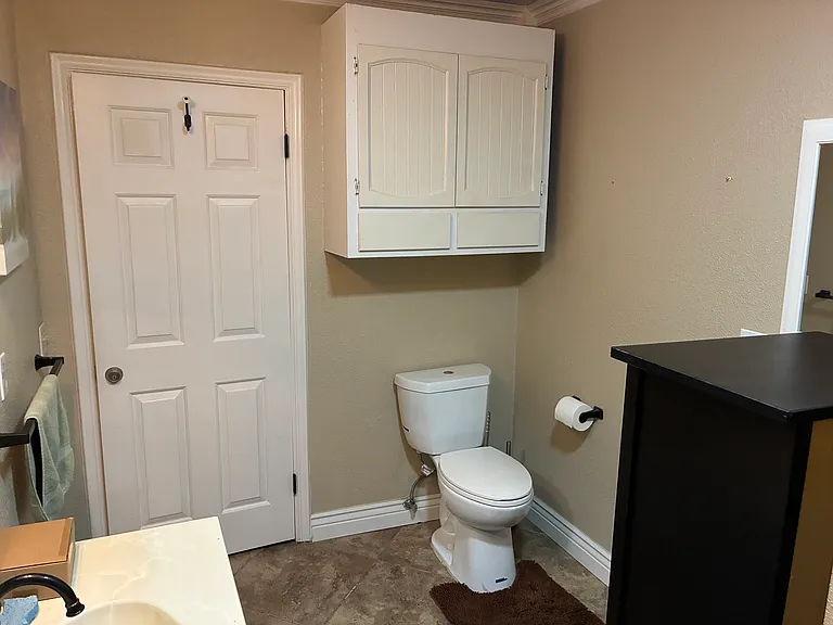 Toilet, sink and storage. Well lit and spacious.