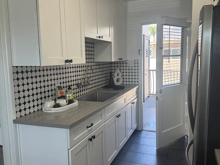 Renovated kitchen with door to back walkway