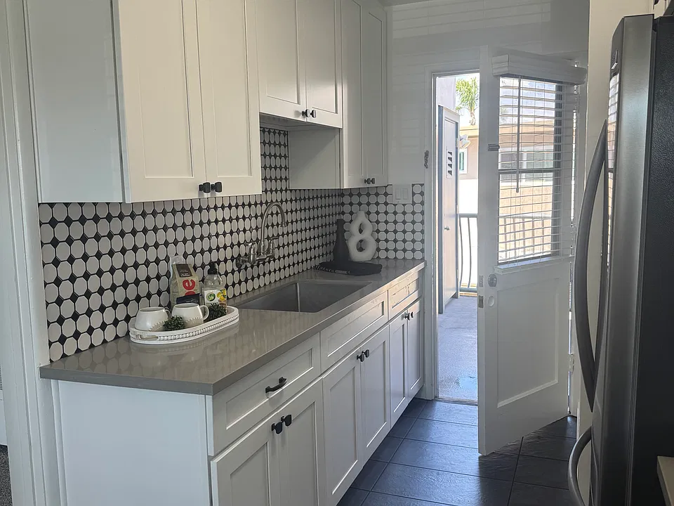 Renovated kitchen with door to back walkway