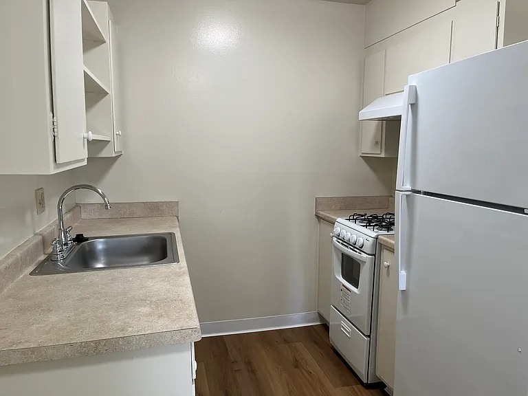 Convenient galley kitchen (downstairs Large 1BR). Stove/oven is gas, as is the heat in our units.