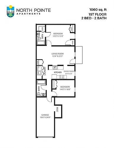 Floor plan 2 Bed, 2 Bath - 1,060 sq ft