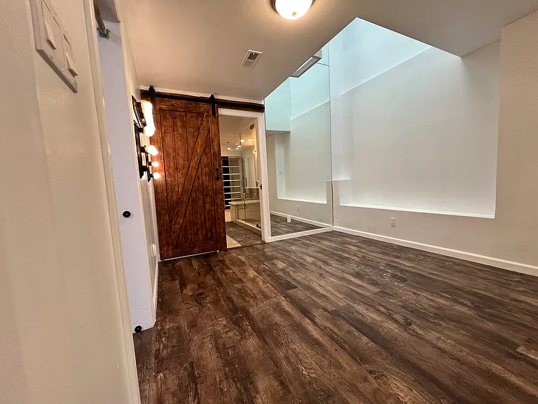 Living room with natural sunlight pouring in from the skylight. Yes! I said skylight in the downstairs in-law unit. +GIANT floor to ceiling mirror