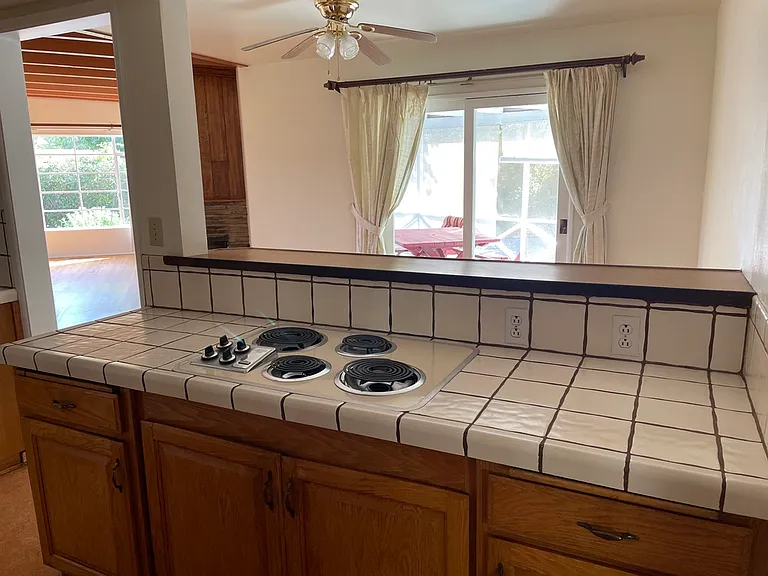 Kitchen counter, stovetop, raised counter open to dining room
