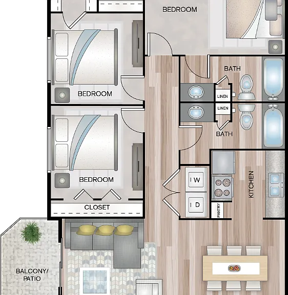 THREE BEDROOMS TWO BATHS 1260 SQFT